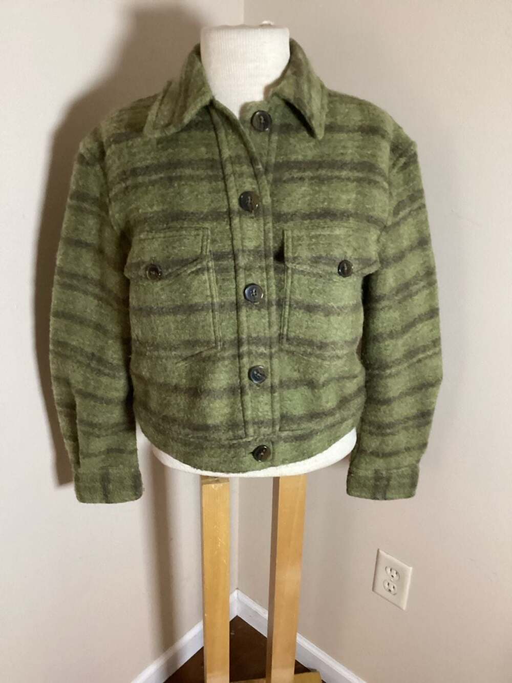 Wilfred Free Green Striped Wool Crop Coat Jacket Size XS
